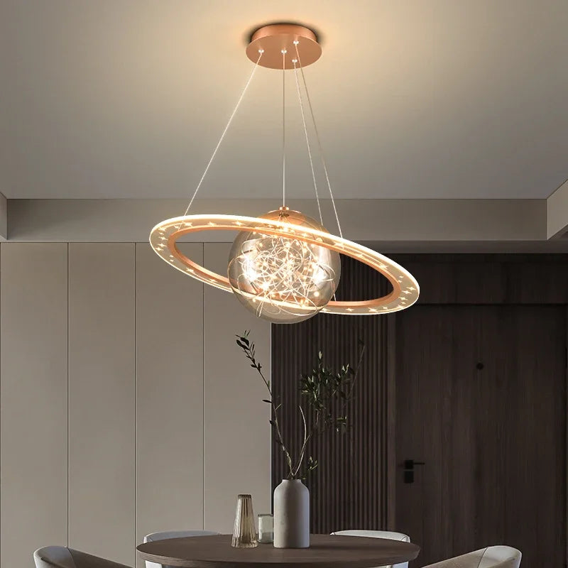 Lustre Nordic LED moderne Golden Round Planet - Luminaire de décoration pour le salon, la salle à manger et la chambre à coucher