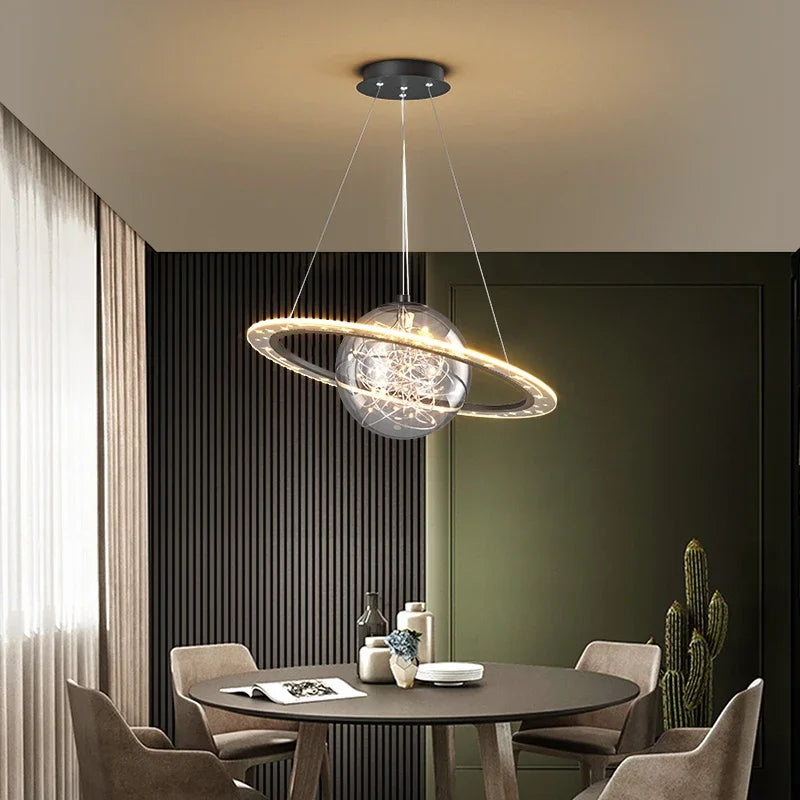 Lámpara nórdica LED Modern Golden Round Planet - iluminación para salón, comedor y dormitorio