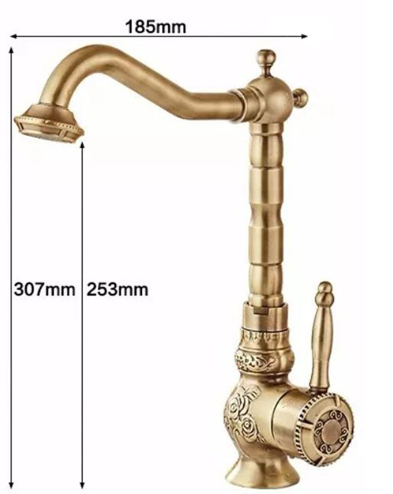 Wastafelkranen Antiek Messing Badkamer Kraan Wastafel Carving Tap Draaien Enkele Handgreep Warm en Koud Water Mengkranen Kraan