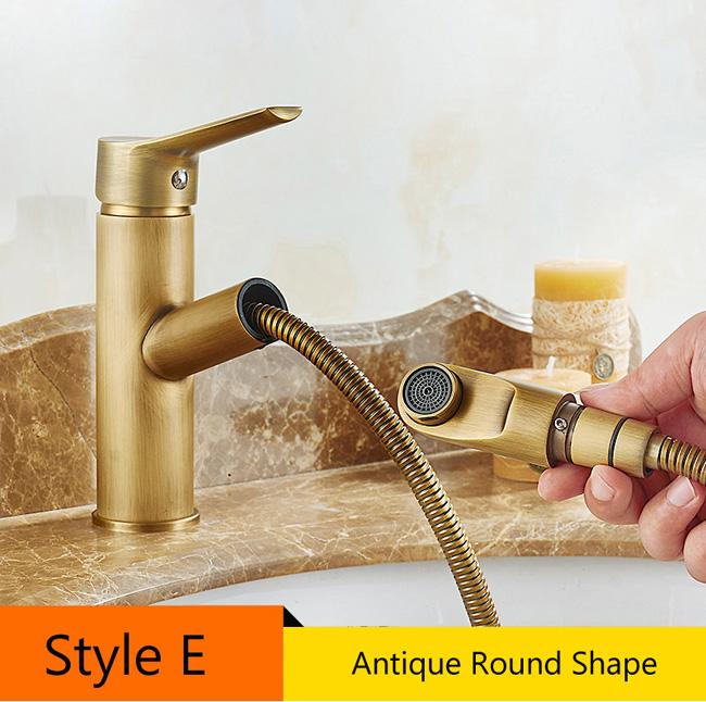 Antique Brass Pull Out Bathroom Faucet Deck Mounted Vanity Sink Hot and Cold Basin Mixer Tap Deck Mounted Brass Crane Cock - Greensu Home Decor