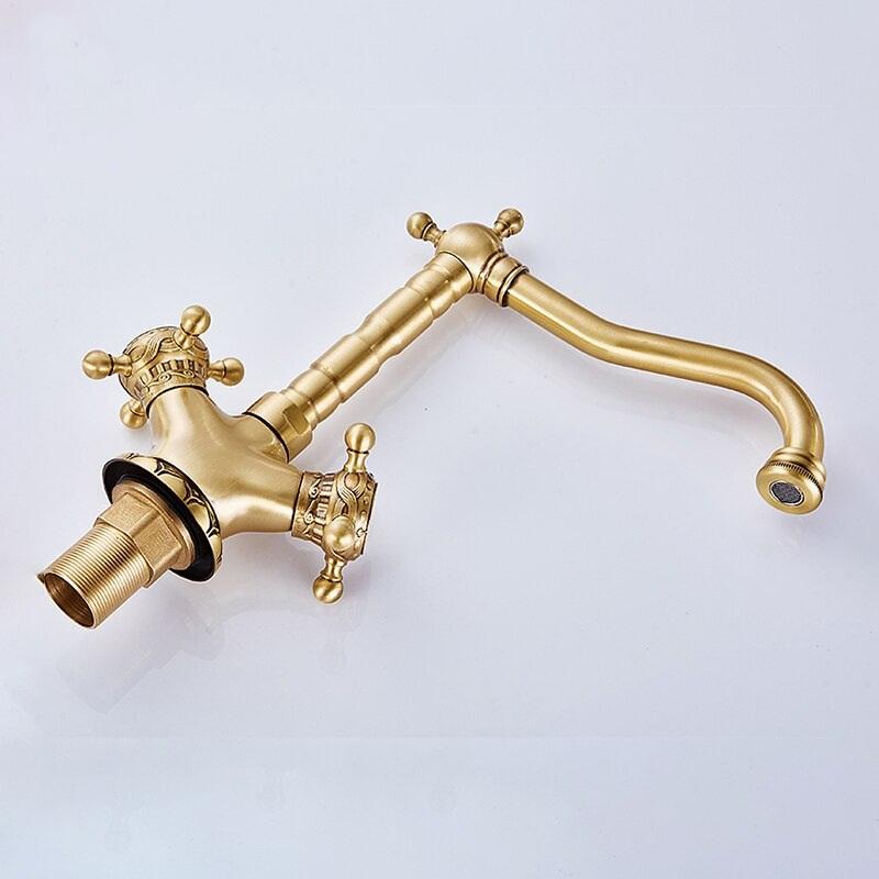 Basin Faucets Antique Brass Bathroom Faucet Basin Carving Tap Rotate Double Handle Hot and Cold Water Mixer Taps - Greensu Home Decor