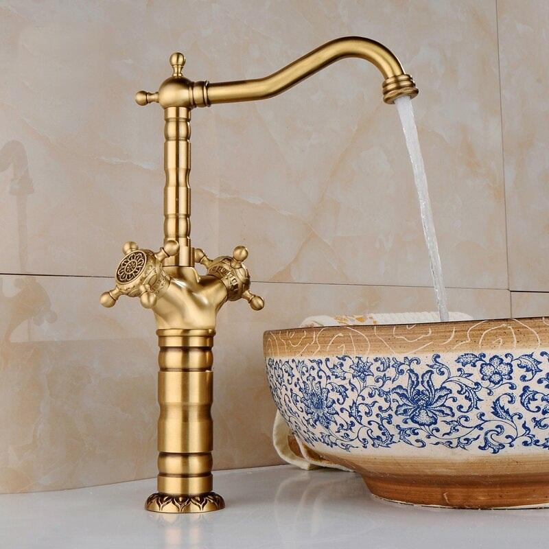 Basin Faucets Antique Brass Bathroom Faucet Basin Carving Tap Rotate Double Handle Hot and Cold Water Mixer Taps - Greensu Home Decor