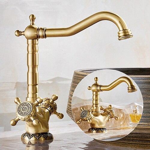 Basin Faucets Antique Brass Bathroom Faucet Basin Carving Tap Rotate Double Handle Hot and Cold Water Mixer Taps - Greensu Home Decor