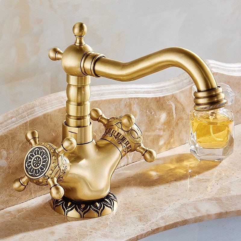 Basin Faucets Antique Brass Bathroom Faucet Basin Carving Tap Rotate Double Handle Hot and Cold Water Mixer Taps - Greensu Home Decor