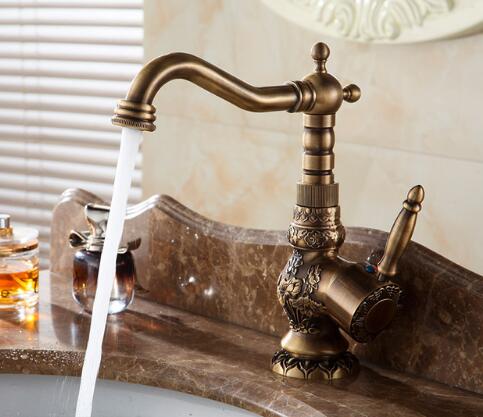 Basin Faucets Antique Brass Bathroom Faucet Basin Carving Tap Rotate Single Handle Hot and Cold Water Mixer Taps Crane - Greensu Home Decor