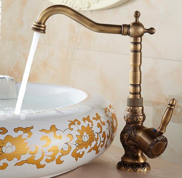 Basin Faucets Antique Brass Bathroom Faucet Basin Carving Tap Rotate Single Handle Hot and Cold Water Mixer Taps Crane - Greensu Home Decor