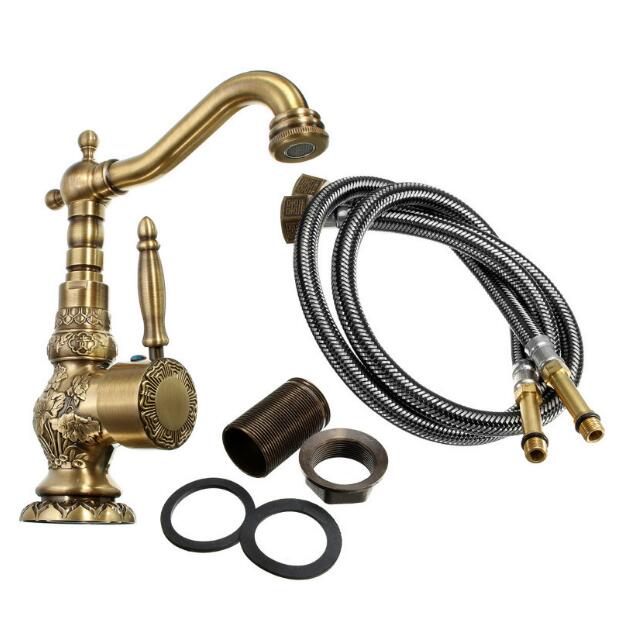 Basin Faucets Antique Brass Bathroom Faucet Basin Carving Tap Rotate Single Handle Hot and Cold Water Mixer Taps Crane - Greensu Home Decor