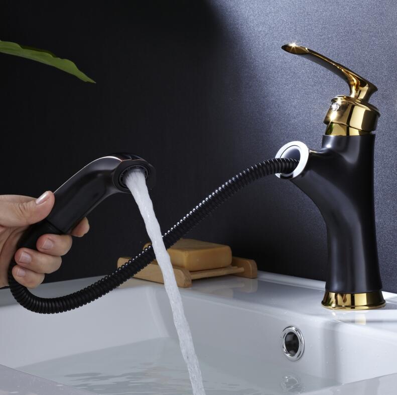 Basin Faucets Brass Black Modern Pull Out And Down Bathroom Faucet Kitchen Sink Faucet Toilet Mixer Tap Hot Cold Water - Greensu Home Decor