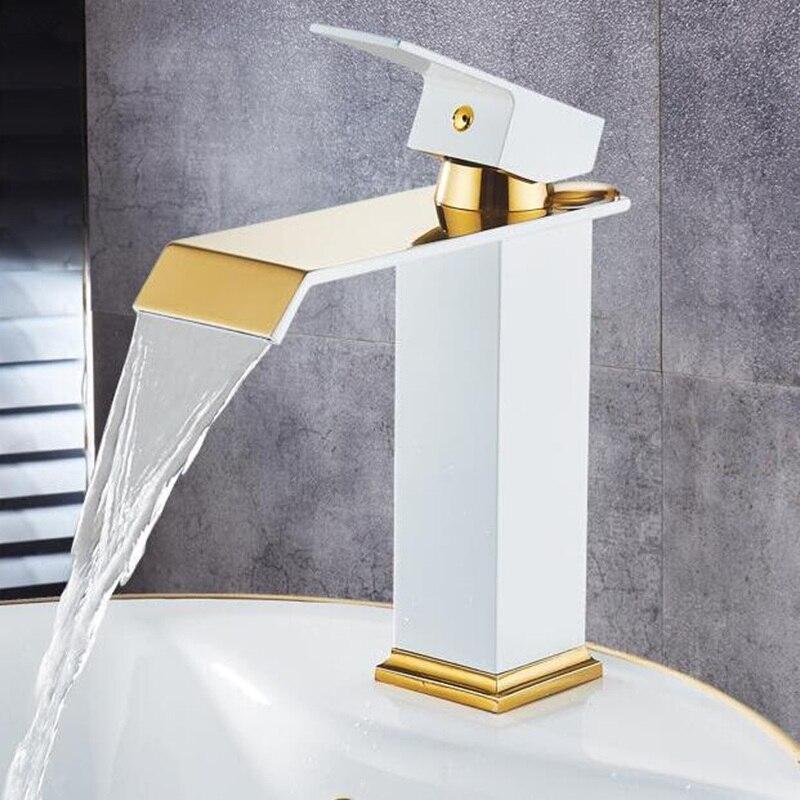 Basin Faucets Square Waterfall Bathroom Faucet Single Handle Basin Mixer Tap Bath Antique Faucet Brass Sink Water Crane Gold - Greensu Home Decor