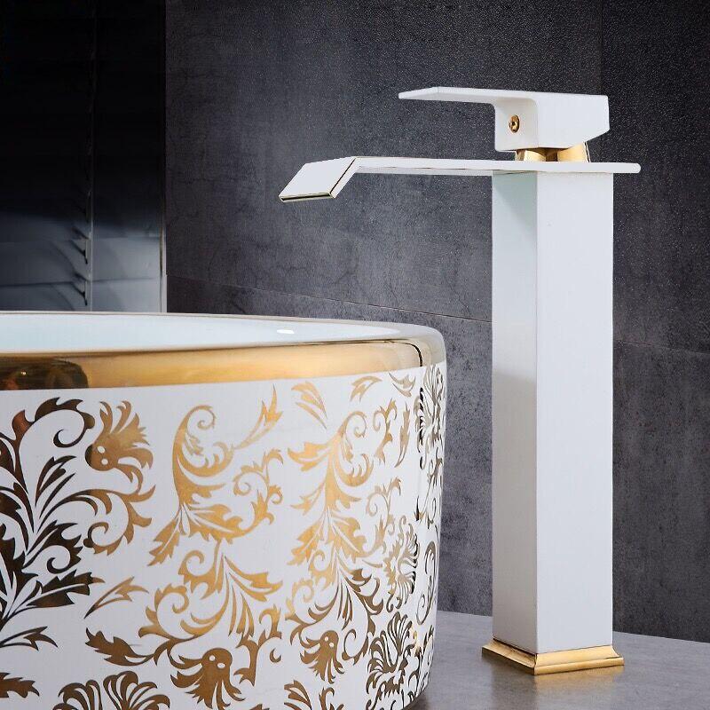 Basin Faucets Square Waterfall Bathroom Faucet Single Handle Basin Mixer Tap Bath Antique Faucet Brass Sink Water Crane Gold - Greensu Home Decor