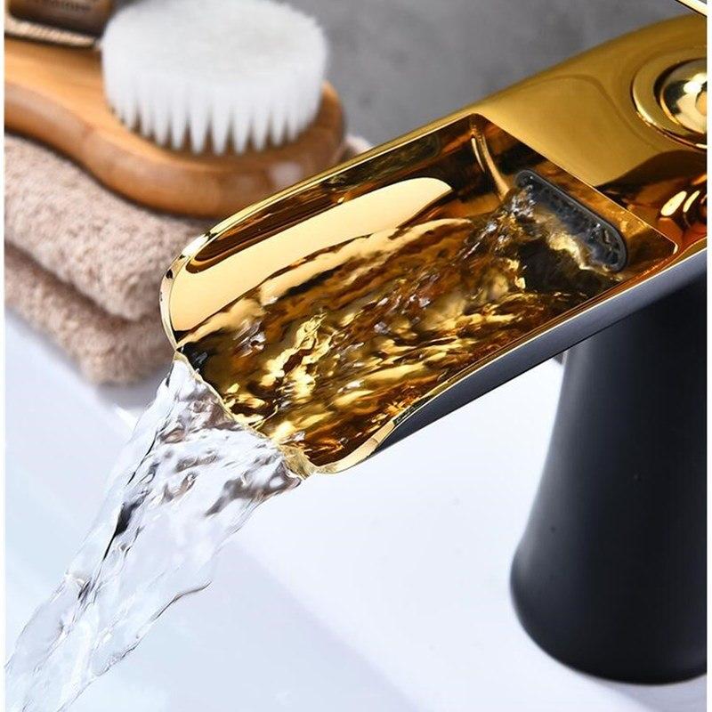 Basin Faucets Waterfall Bathroom Faucet Single Handle Basin Mixer Hot And Cold Black And Gold Faucet Brass Sink Water Crane - Greensu Home Decor