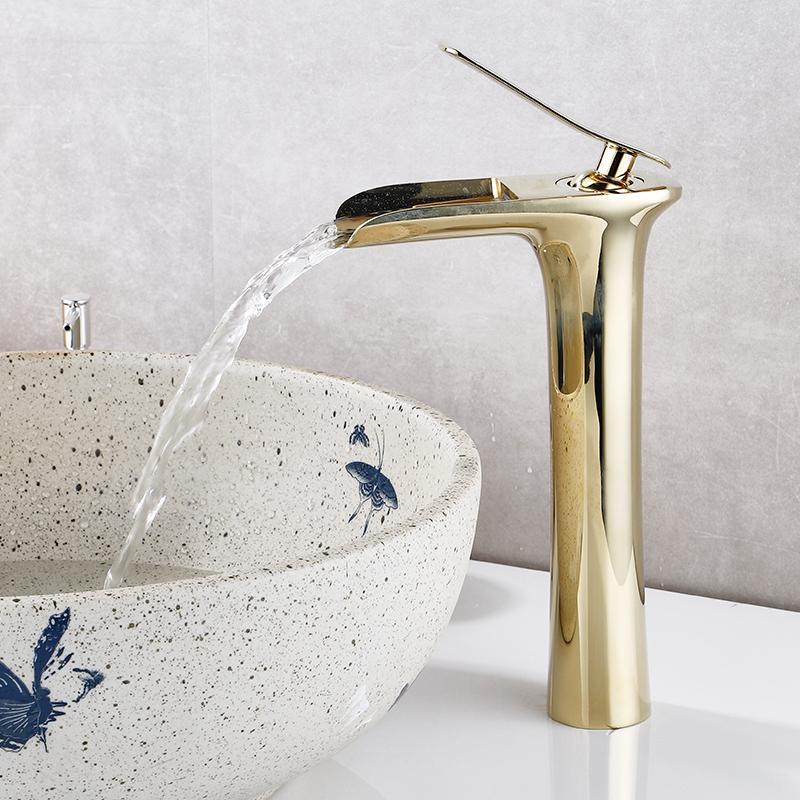 Basin Faucets Waterfall Bathroom Faucet Single Handle Basin Mixer Hot And Cold Black And Gold Faucet Brass Sink Water Crane - Greensu Home Decor