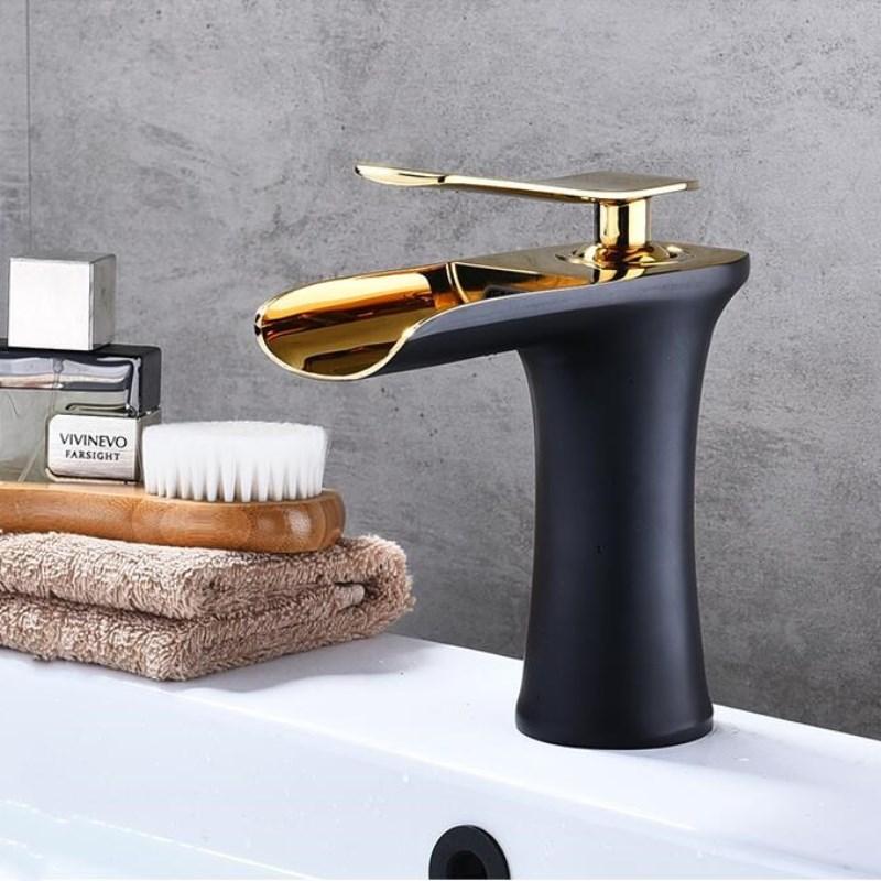 Basin Faucets Waterfall Bathroom Faucet Single Handle Basin Mixer Hot And Cold Black And Gold Faucet Brass Sink Water Crane - Greensu Home Decor