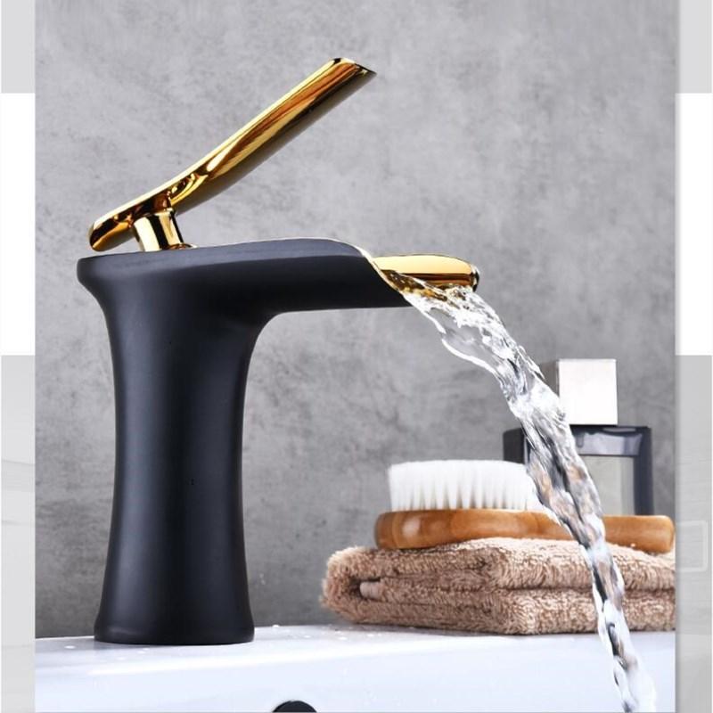 Basin Faucets Waterfall Bathroom Faucet Single Handle Basin Mixer Hot And Cold Black And Gold Faucet Brass Sink Water Crane - Greensu Home Decor