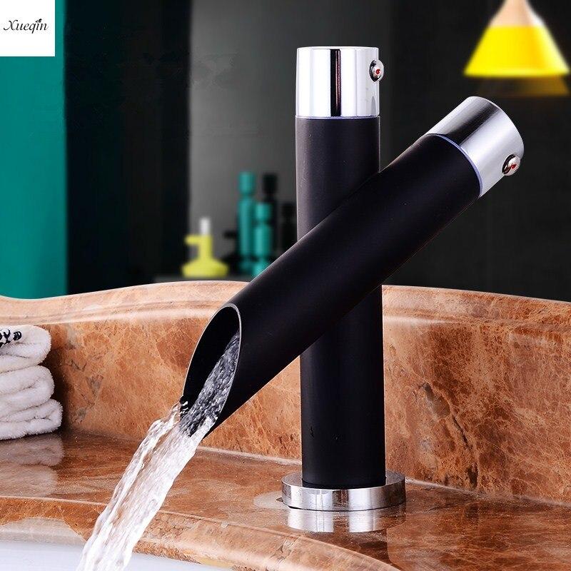 Bathroom Unique Single Handle Black Waterfall Basin Faucet Spout Mixer Tap Deck Mounted Bronze Finished Hot And Cold Water - Greensu Home Decor