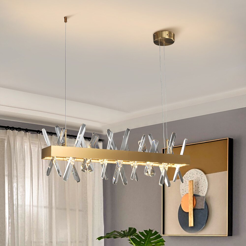 Lampadario moderno in cristallo rettangolare per soggiorno Sala da pranzo Isola della cucina Lampada a sospensione Lampadari a led in oro Cristal Light