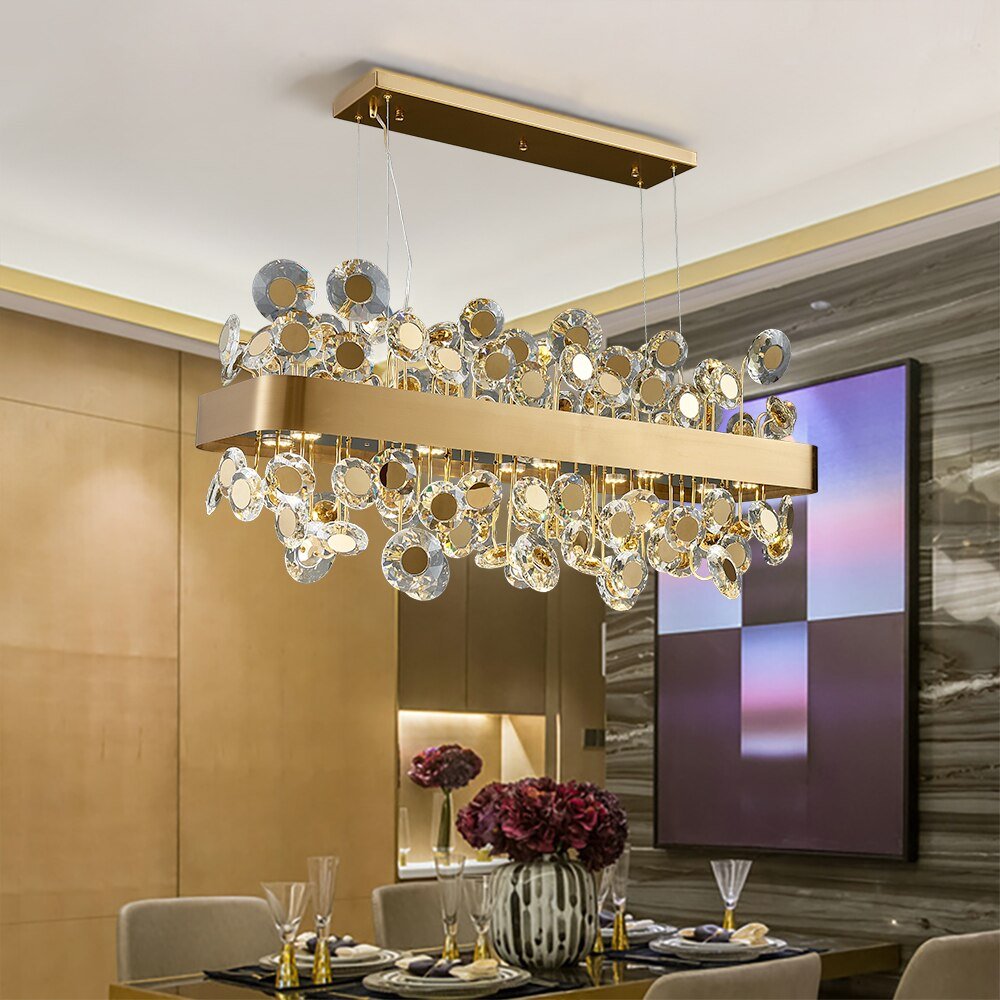 Gold Rectangle Chandelier Lighting For Living Room Crystal Lights Kitchen Island Hanging Lamp