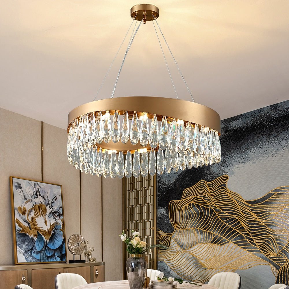 Geleide Geborsteld Gouden Woonkamer Kroonluchter Kunst Ontwerp Luxe K9 Kristallen Lamp Licht Armatuur Modern Rond