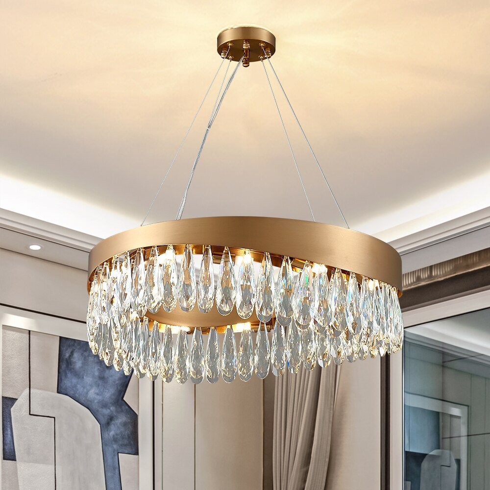 Geleide Geborsteld Gouden Woonkamer Kroonluchter Kunst Ontwerp Luxe K9 Kristallen Lamp Licht Armatuur Modern Rond