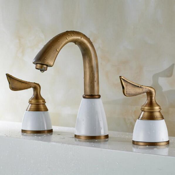 Luxury Basin Faucet 8 Inch Water Tap Brass Ceramic & Diamond Bathroom Faucet Antique Widespread Basin Sink Faucet