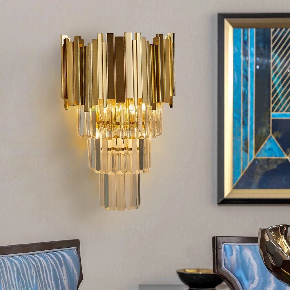 Luxury Crystal Living Room Wall Sconce Lighting Gold Chrome Polished Steel Wall Lamp Bedroom Hallway