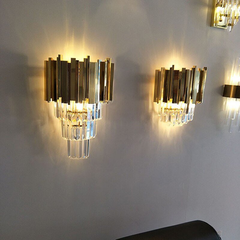 Luxury Crystal Living Room Wall Sconce Lighting Gold Chrome Polished Steel Wall Lamp Bedroom Hallway