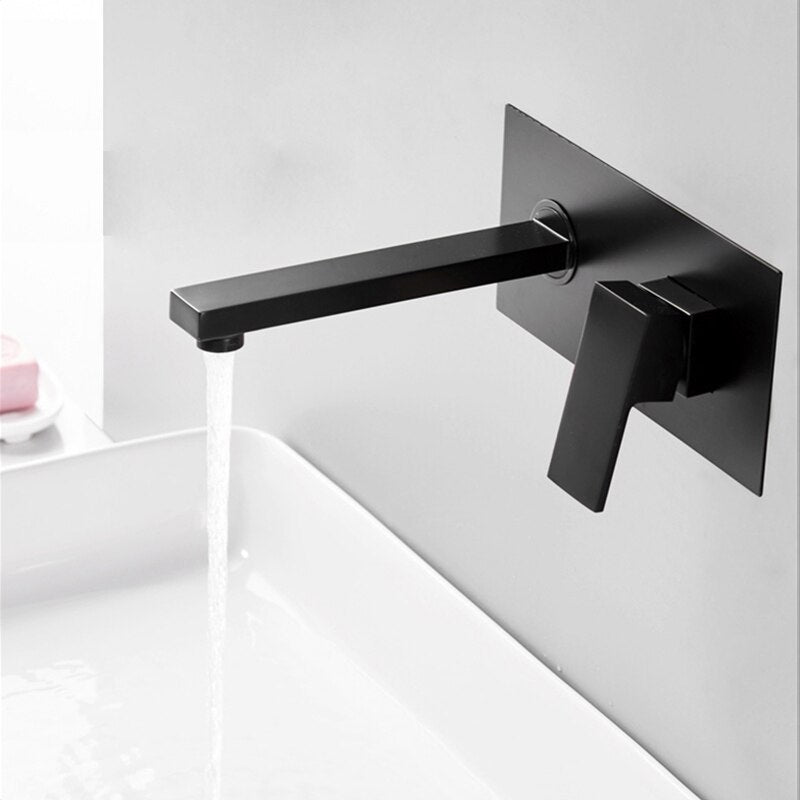 Luxury Matte Black Bathroom Faucet Basin Sink Tap Wall Mounted Square Brass Mixer Tap