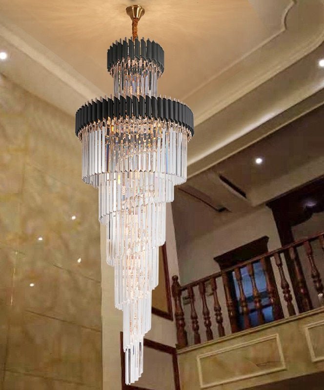 Candelabro de cristal moderno de lujo para escalera Loft largo Accesorio de iluminación negro Villa Vestíbulo Sala de estar