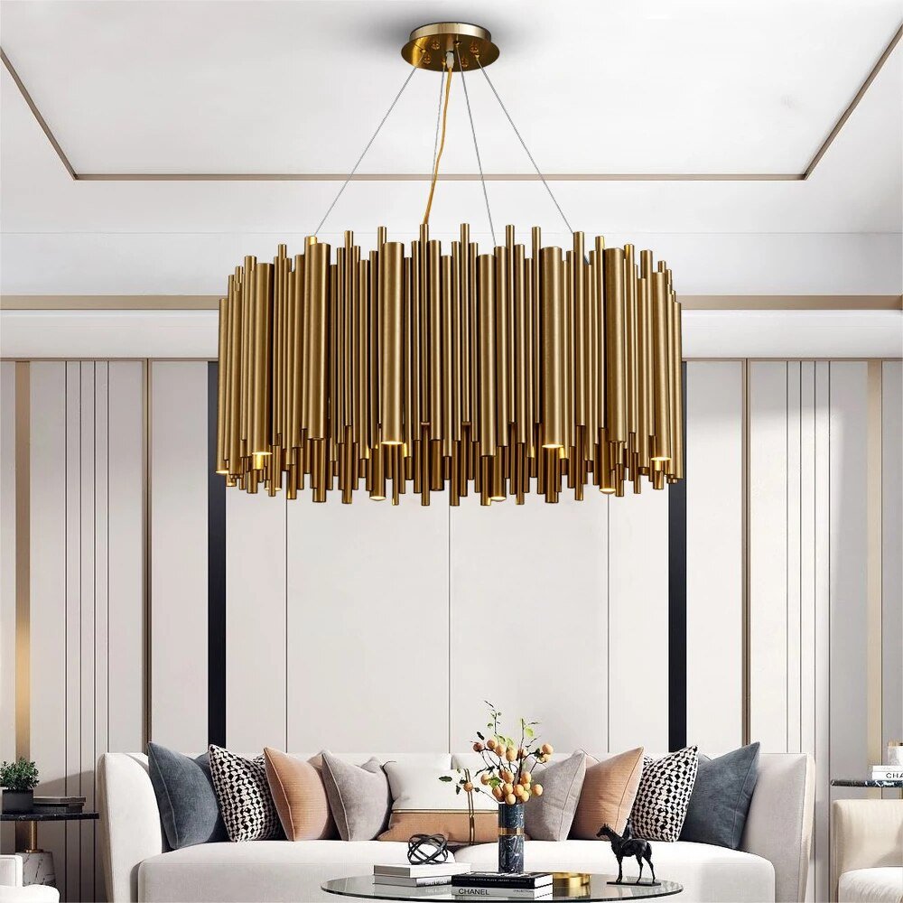 Luxe Moderne Gouden Kroonluchter Voor Woonkamer LED Hangende Lamp Roestvrij Staal Rond Creatief Ontwerp