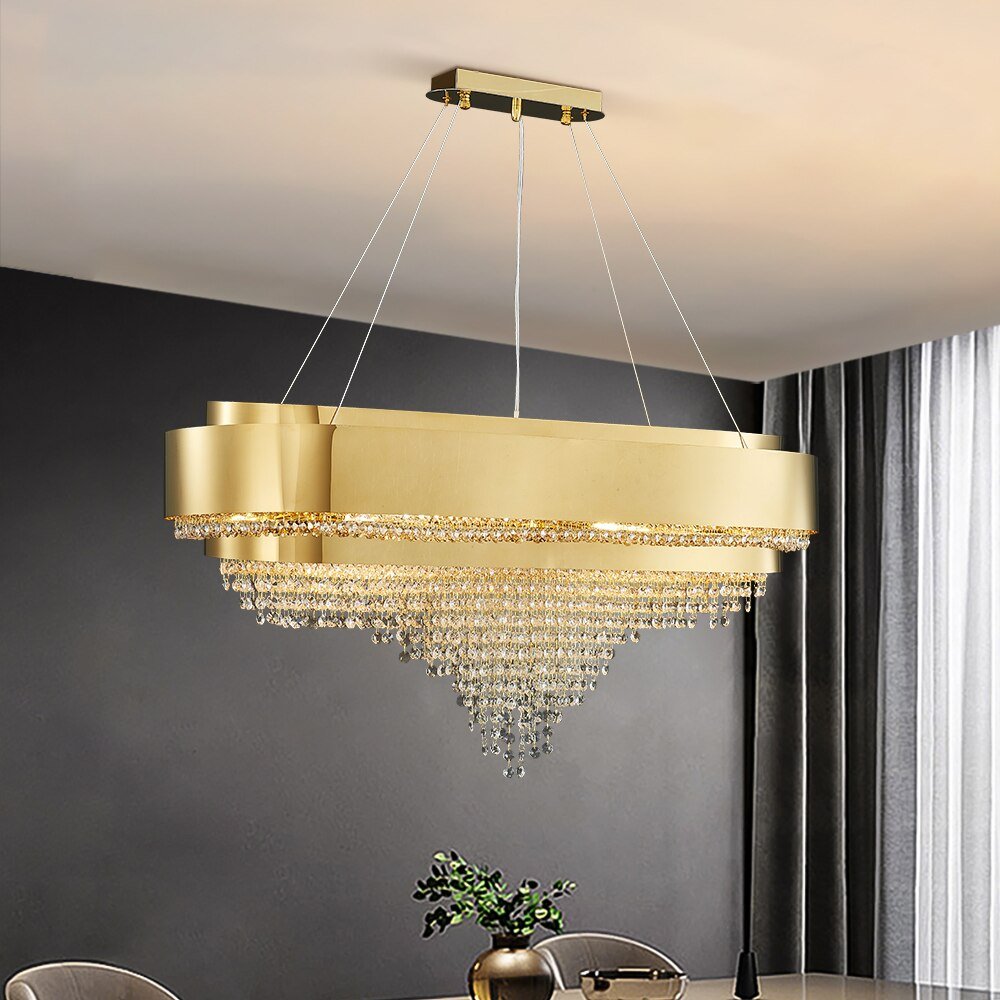 Luxe Moderne Gouden Kristallen Kroonluchter Keukenlamp Eetkamer Rechthoekige Lichtarmatuur Lustre