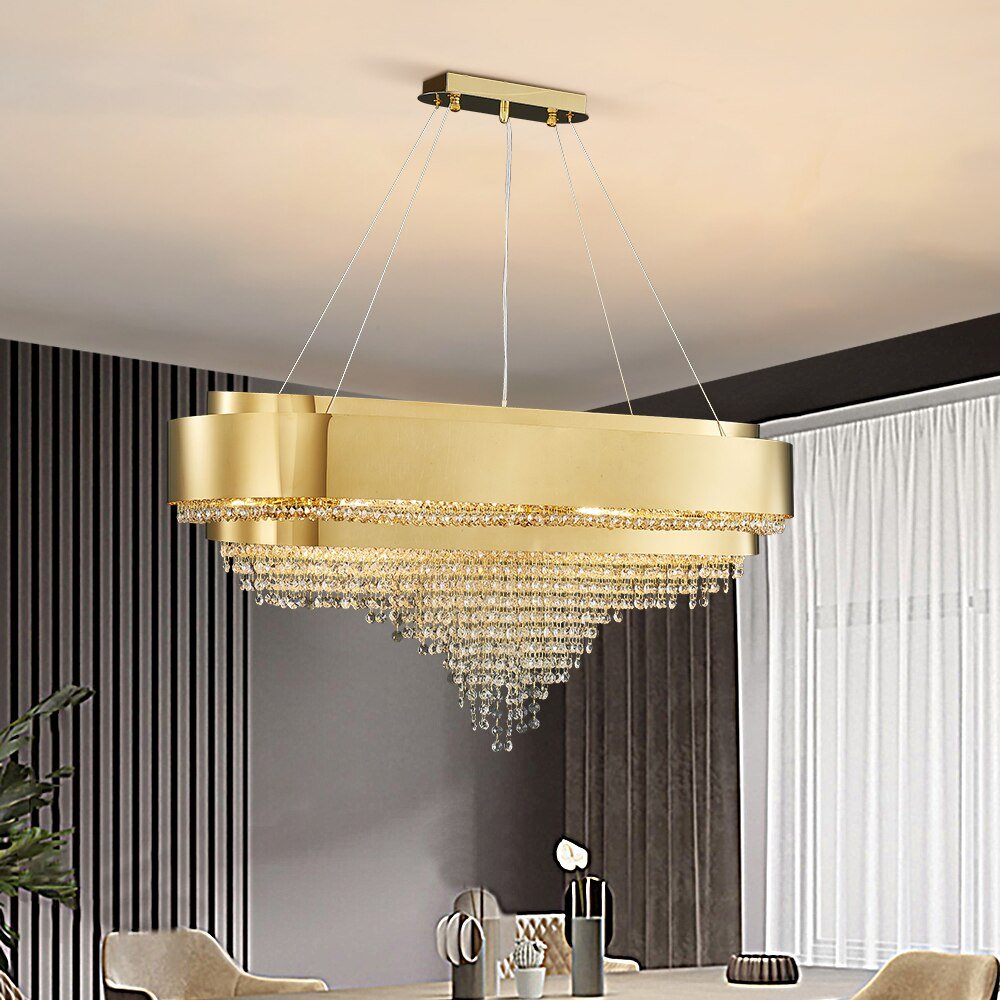 Luxe Moderne Gouden Kristallen Kroonluchter Keukenlamp Eetkamer Rechthoekige Lichtarmatuur Lustre