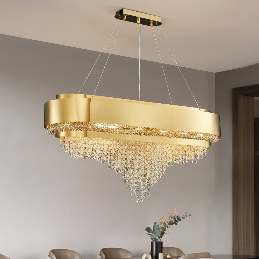 Luxe Moderne Gouden Kristallen Kroonluchter Keukenlamp Eetkamer Rechthoekige Lichtarmatuur Lustre