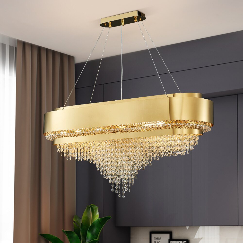 Luxe Moderne Gouden Kristallen Kroonluchter Keukenlamp Eetkamer Rechthoekige Lichtarmatuur Lustre