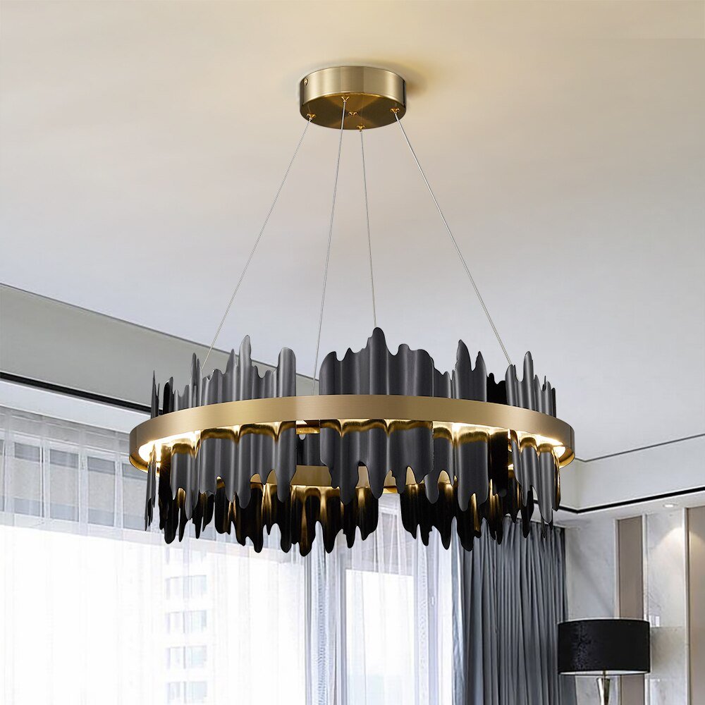 Modern Creative Circle LED Chandelier With Remote Control Black Gold Hanging Lamp For Living Room Lobby Hotel Light Fixtures