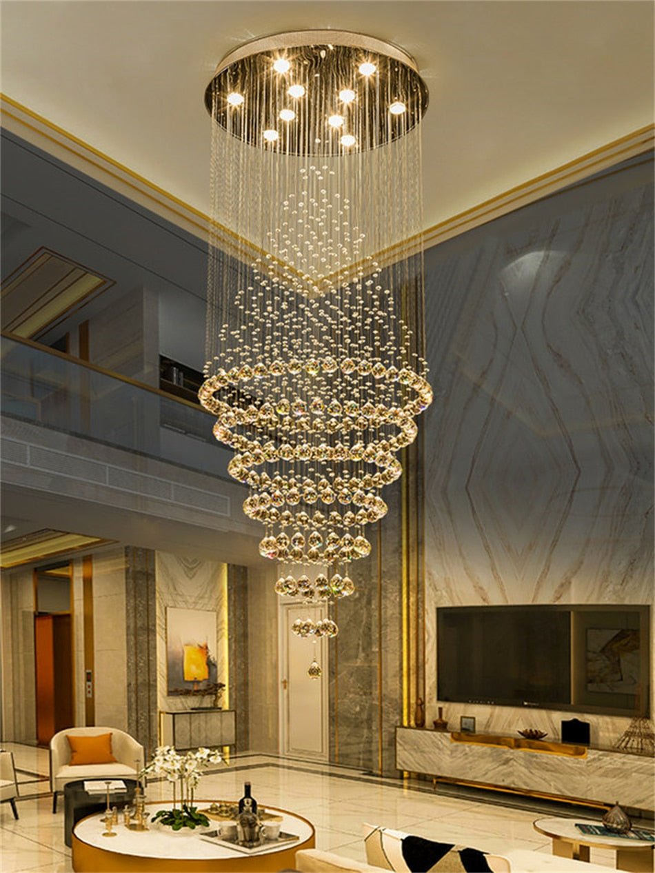 Modern LED Crystal Villa Chandelier Droplight Long Circular Crystal Lighting - Greensu Home Decor