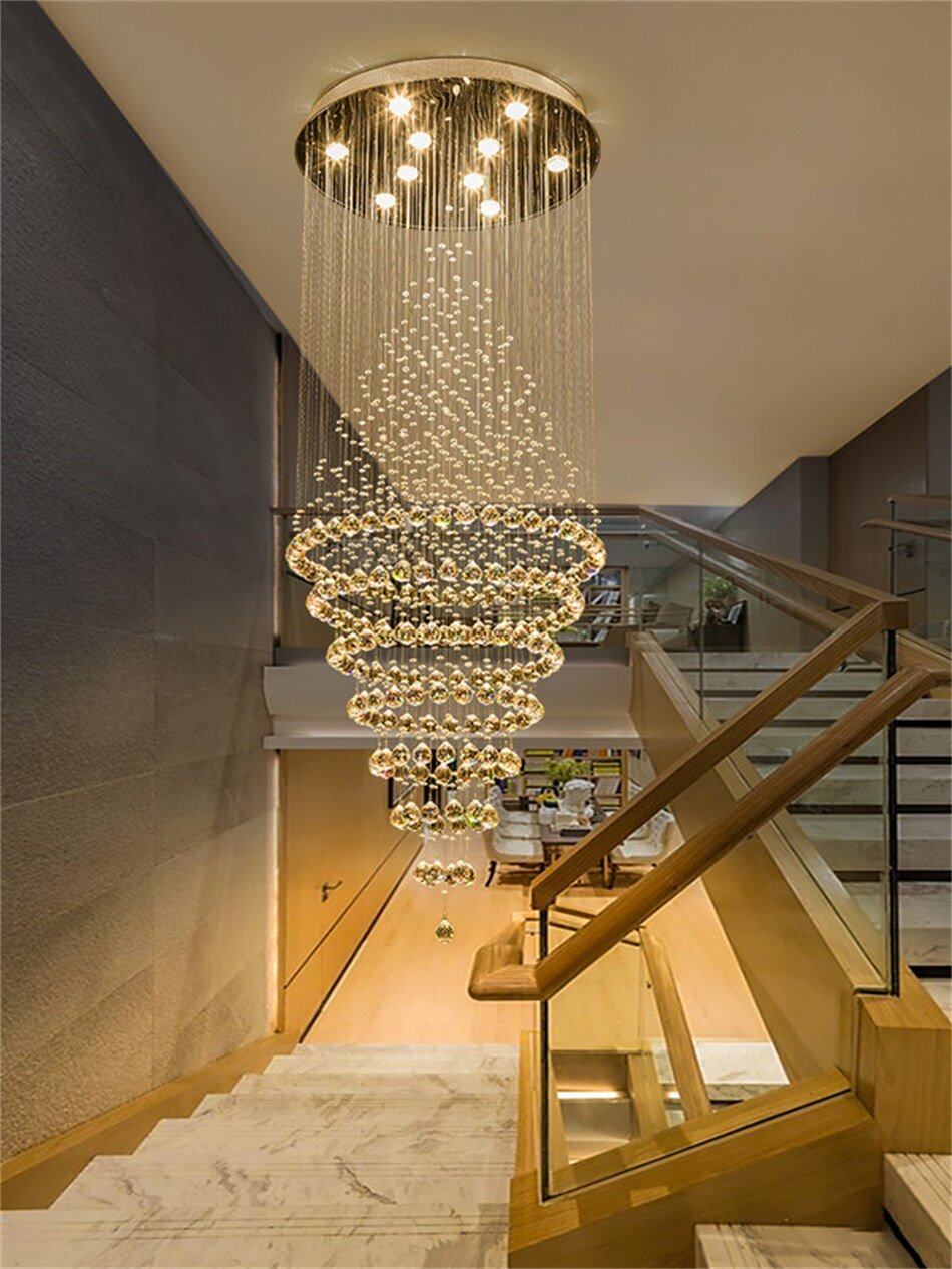 Modern LED Crystal Villa Chandelier Droplight Long Circular Crystal Lighting - Greensu Home Decor