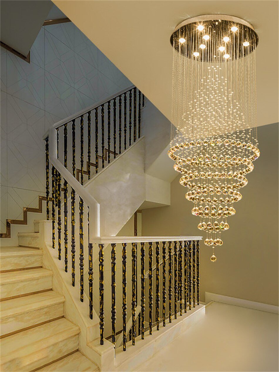 Modern LED Crystal Villa Chandelier Droplight Long Circular Crystal Lighting - Greensu Home Decor