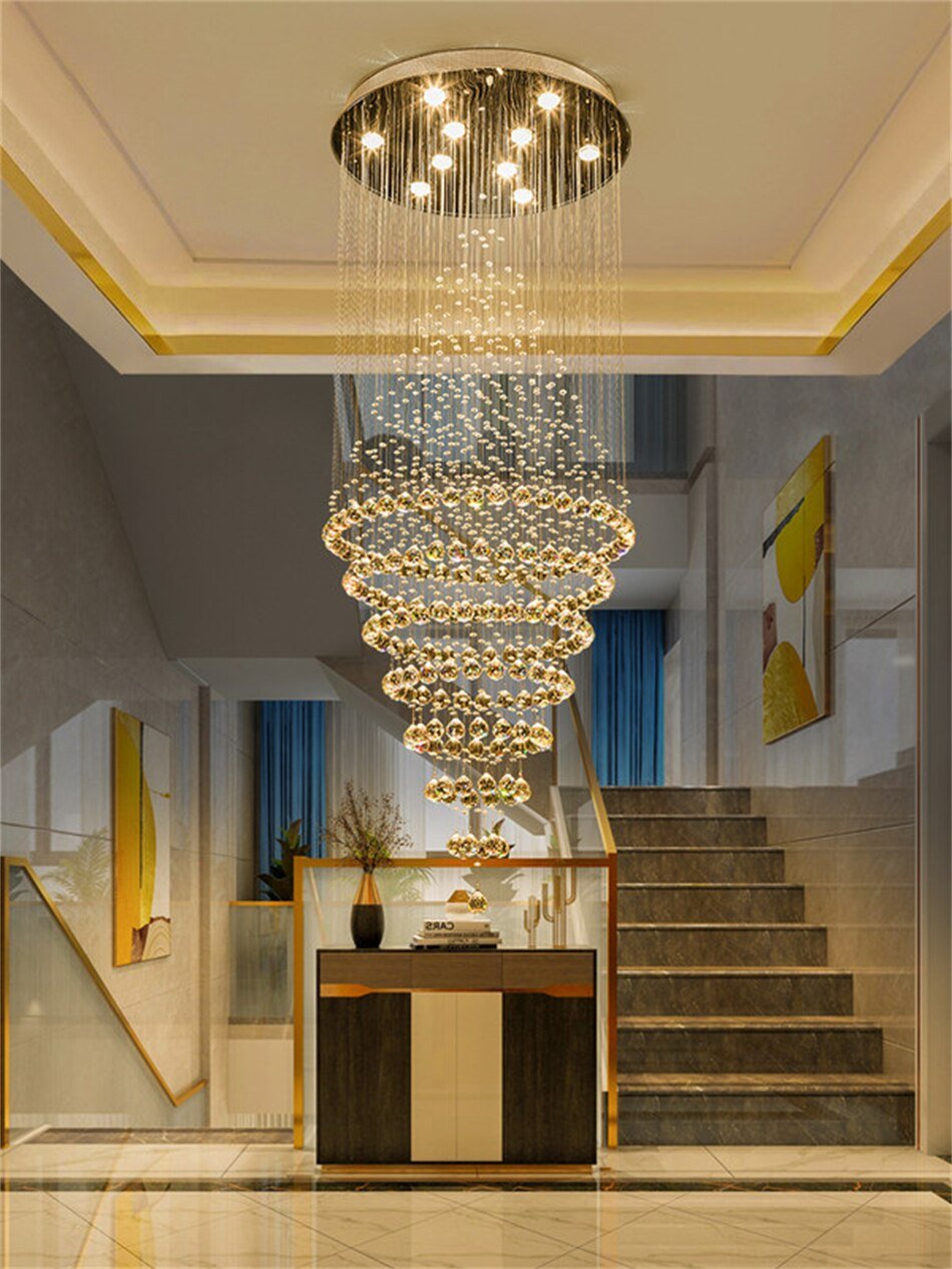 Modern LED Crystal Villa Chandelier Droplight Long Circular Crystal Lighting - Greensu Home Decor