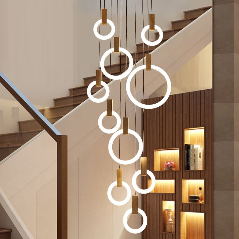 Lustre anneau en bois moderne LED Plafond Salon Escalier Suspension