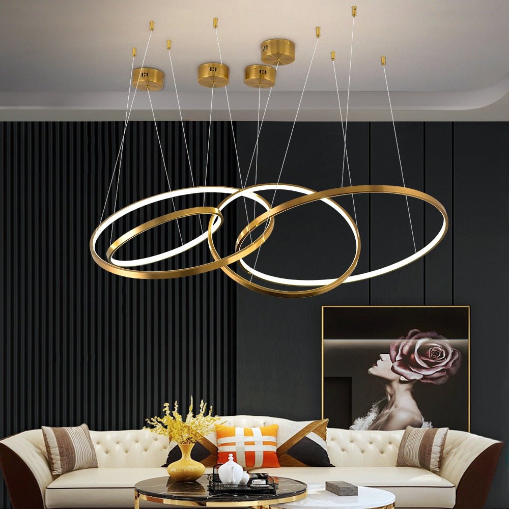 Modern Ring Led Chandelier For Staircase Luxury Living Room Gold Light Fixture Long Villa Hall Lobby - Greensu Home Decor