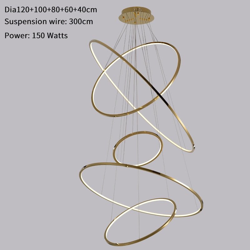 Modern Ring Led Chandelier For Staircase Luxury Living Room Gold Light Fixture Long Villa Hall Lobby - Greensu Home Decor