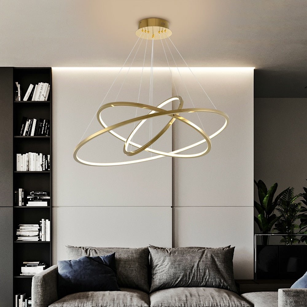 Modern Ring Led Chandelier For Staircase Luxury Living Room Gold Light Fixture Long Villa Hall Lobby - Greensu Home Decor