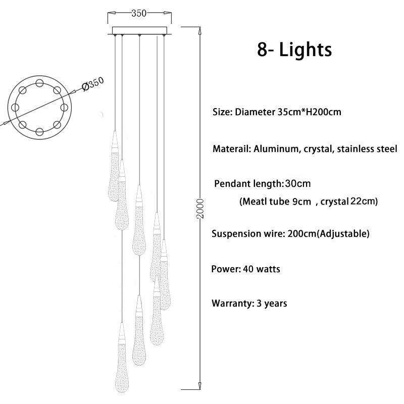 Lustre moderne en cristal avec goutte d'eau pour escalier et salon