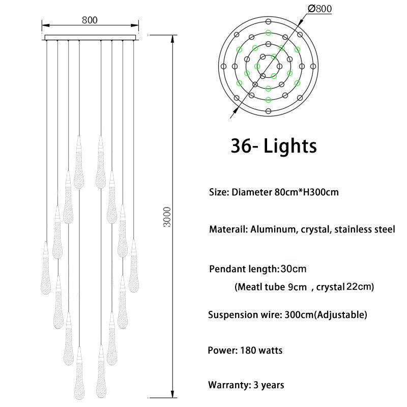 Lustre moderne en cristal avec goutte d'eau pour escalier et salon