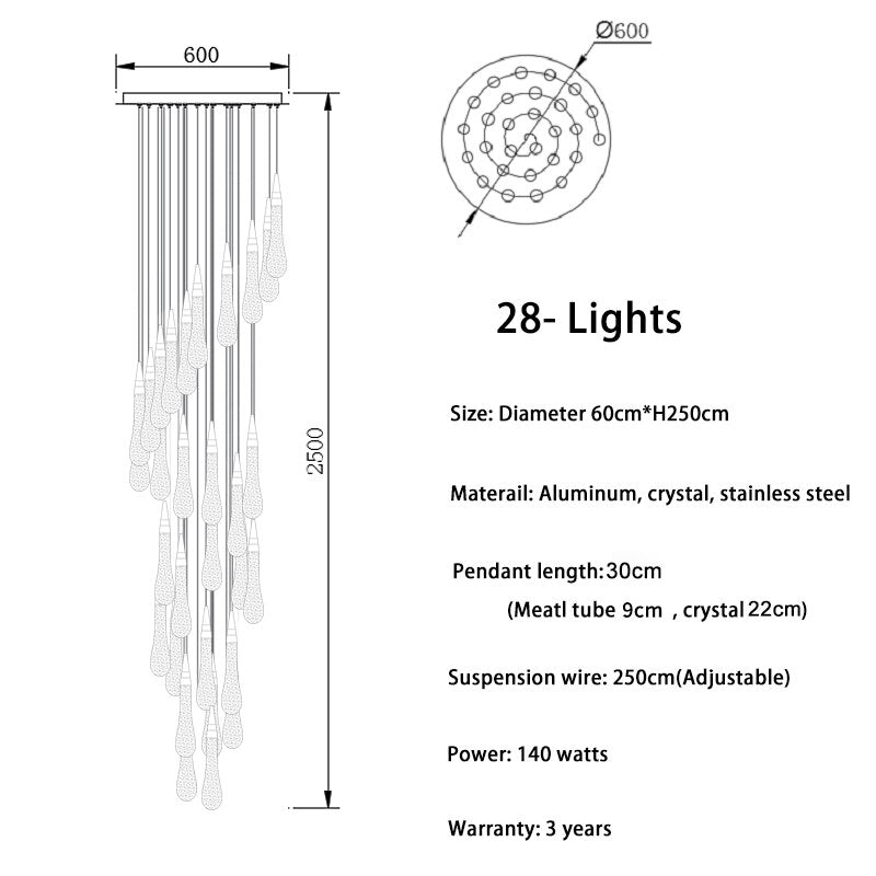 Lustre moderne en cristal avec goutte d'eau pour escalier et salon