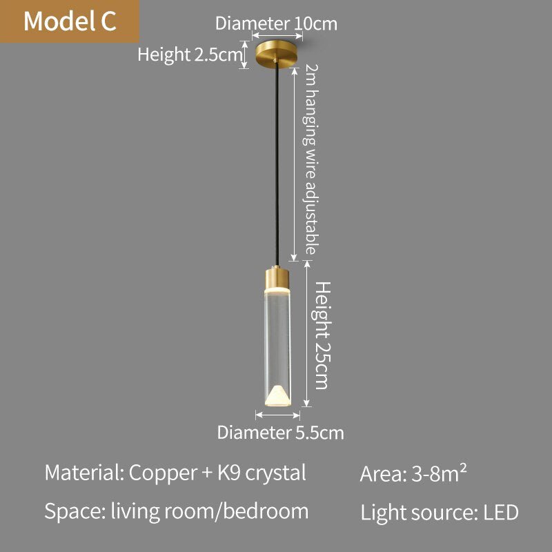 Nordic all-copper Light Luxury Post-modern Crystal Chandelier Model Room Dining Room Bedroom Bed Bar Creative Pendant light