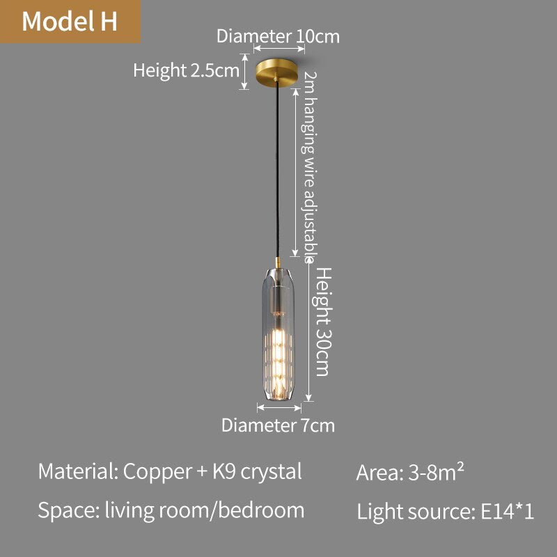 Nordic all-copper Light Luxury Post-modern Crystal Chandelier Model Room Dining Room Bedroom Bed Bar Creative Pendant light