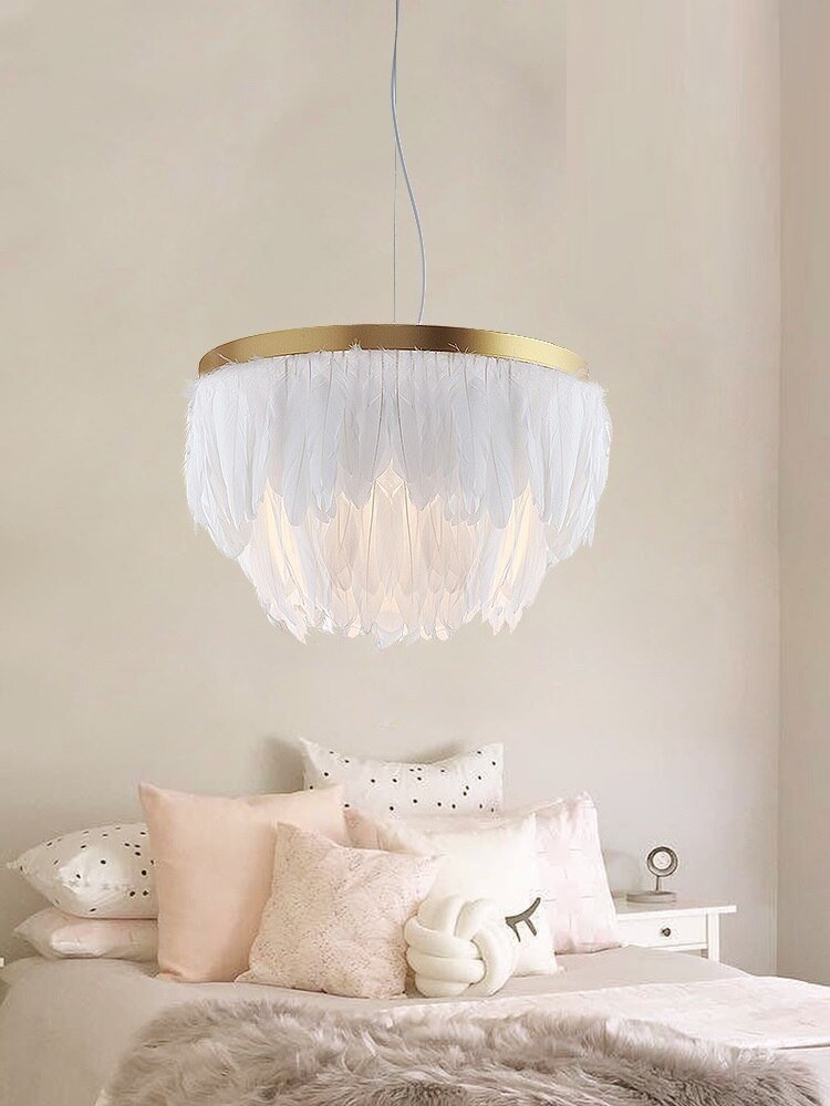 Nordic Feather Suspension Pendant Light Romantic Fairy Feather Pendant Lamp INS Feather Loft Ceiling Hanging Lighting