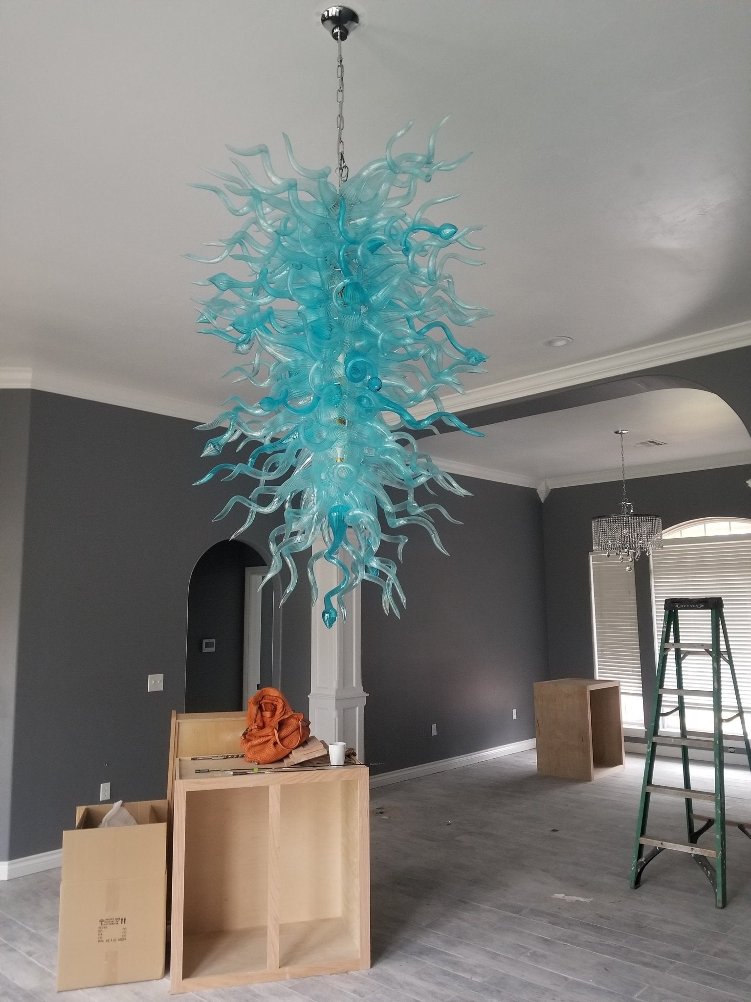 Nordic Style Aqua Blue Glass Chandelier Light Large Long Chain Blown Glass Chandelier Light Fixture