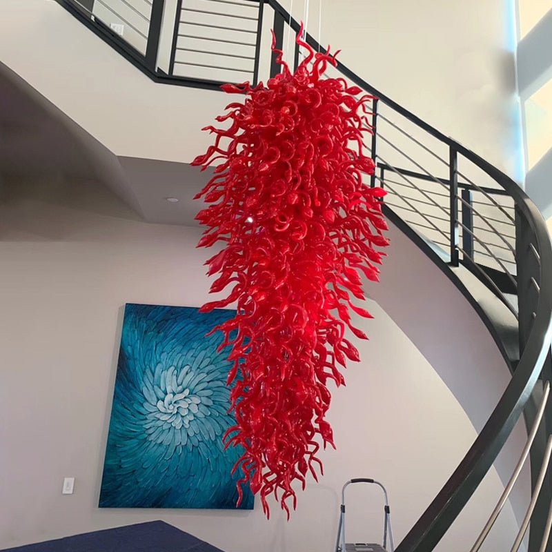 Red Murano Glass Chandelier Staircase LED Lustres Modern Hanging Light Fixture